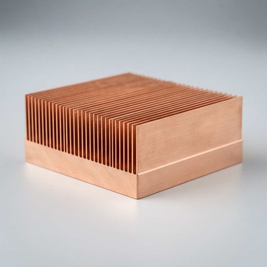 Solid copper skived heat sink with dense straight integral fins and open airflow channels