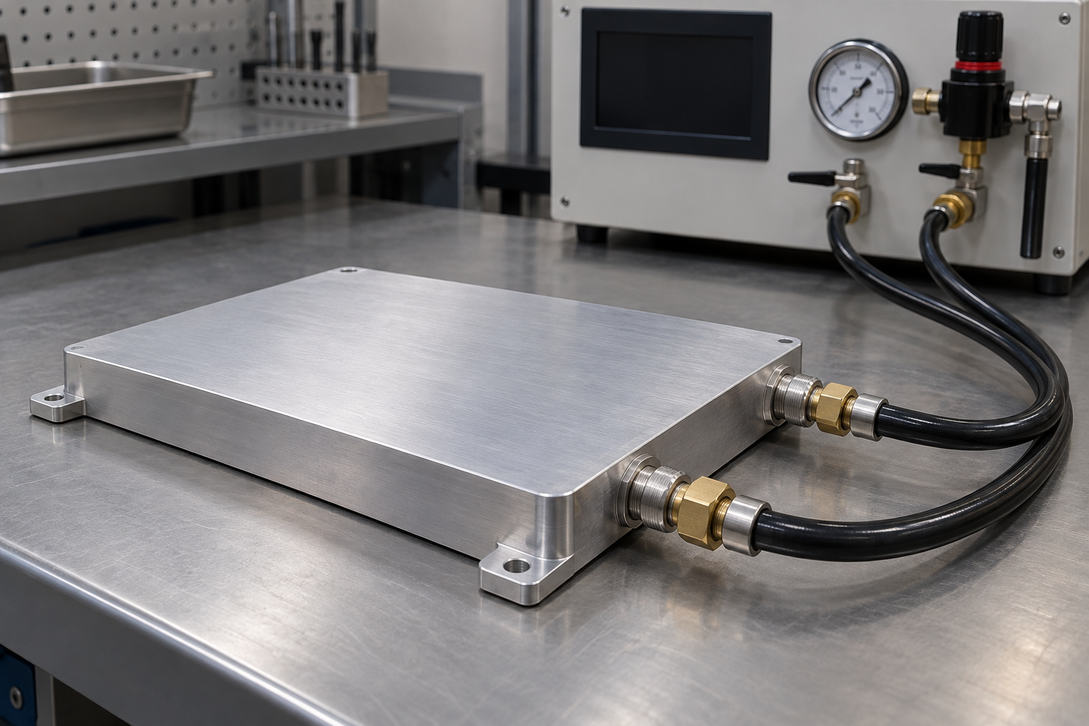 Sealed liquid cold plate connected to a dry gas leak-test station
