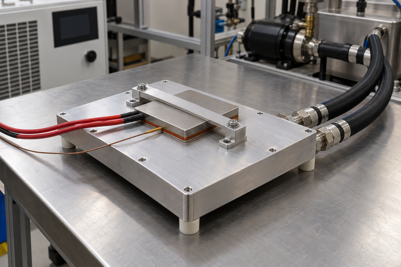 Sealed aluminum cold plate with clamped heater block on a closed-loop thermal test bench