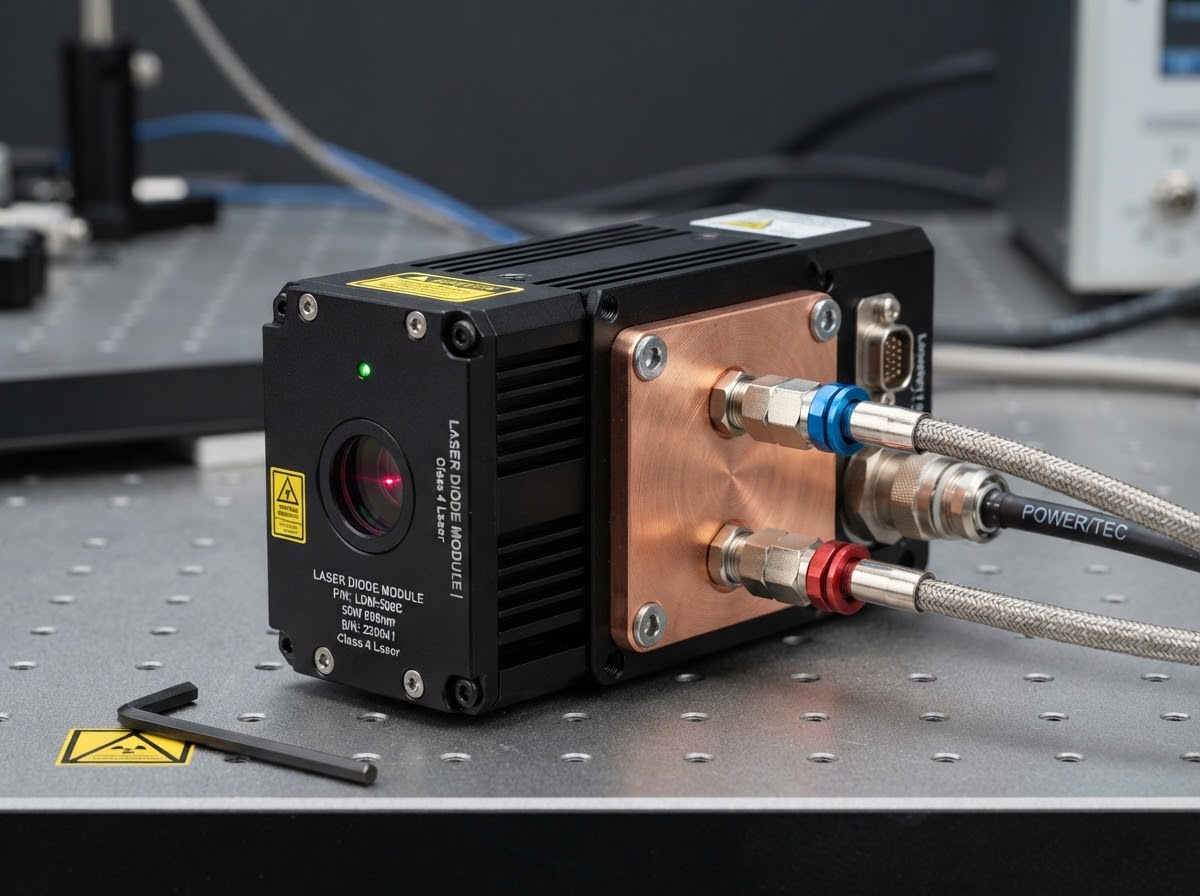 Compact enclosed diode laser assembly with copper heat spreader and paired coolant connections