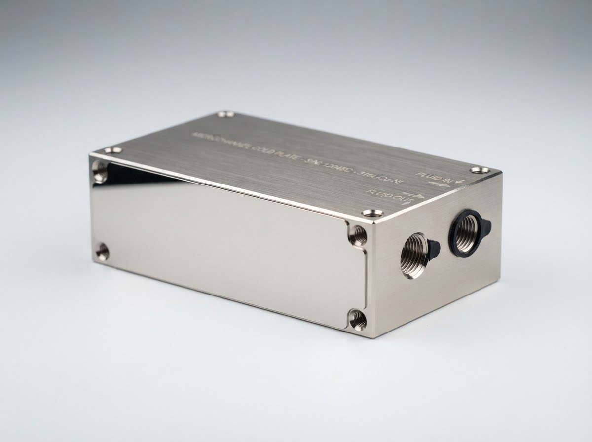 Copper microchannel cold plate with sealed nickel-plated body and dual precision side fluid ports