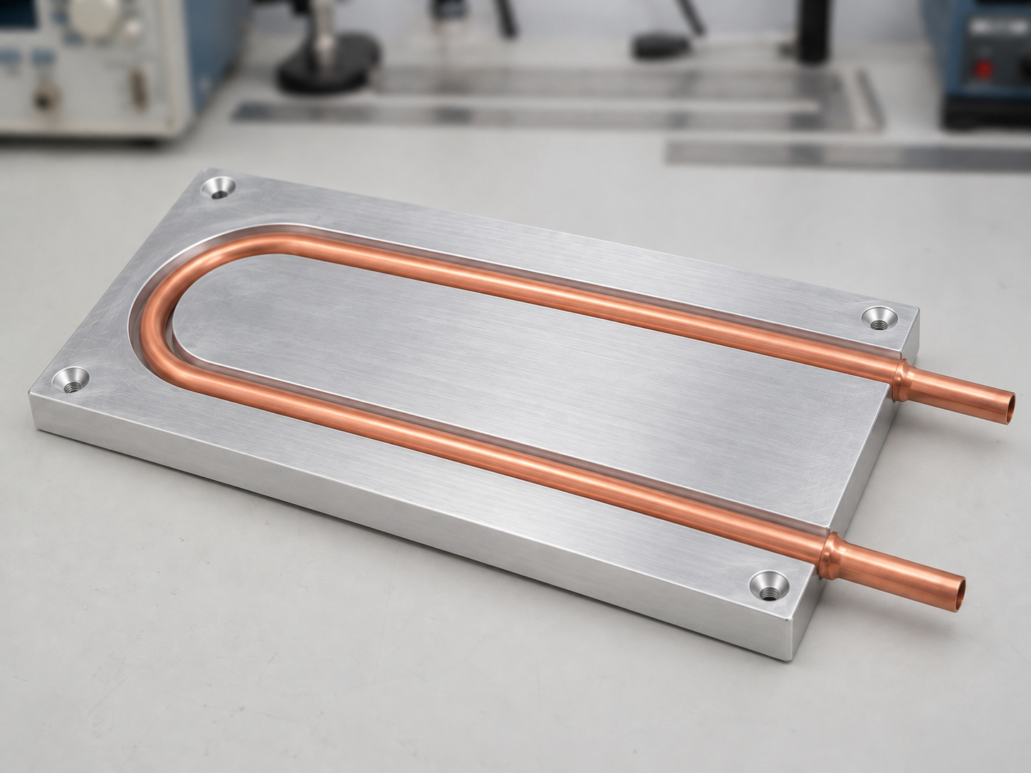 Aluminium tube-in-plate cold plate with a continuous embedded U-shaped copper tube and two open tube ends