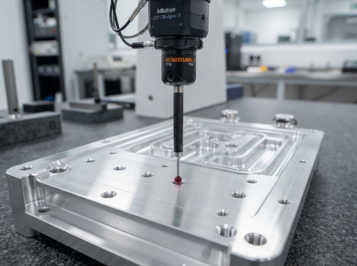 Coordinate measuring machine ruby probe inspecting the machined thermal mounting face of an aluminium liquid cold plate