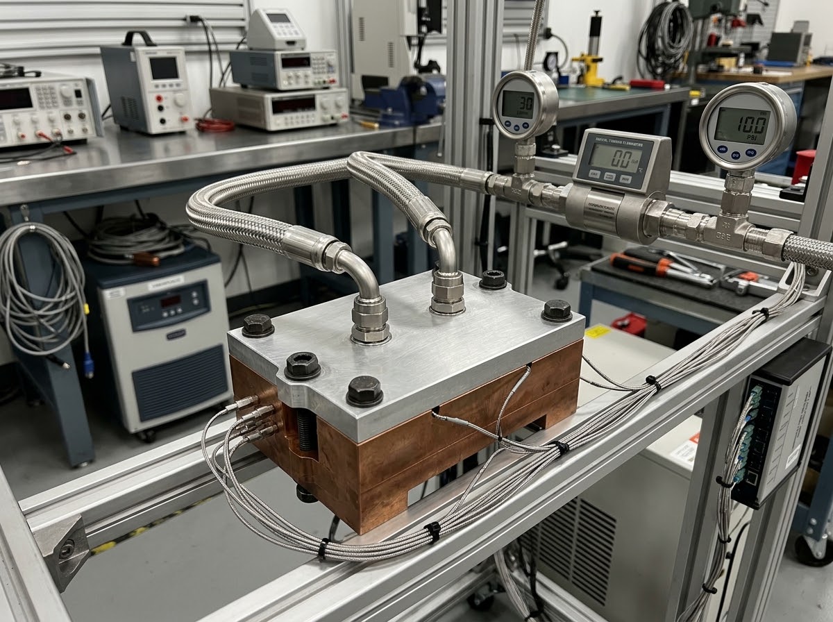 Liquid cold-plate thermal and flow test bench apparatus with precision pressure transducers, digital turbine flowmeter and clamped heater simulation block in an industrial quality engineering laboratory