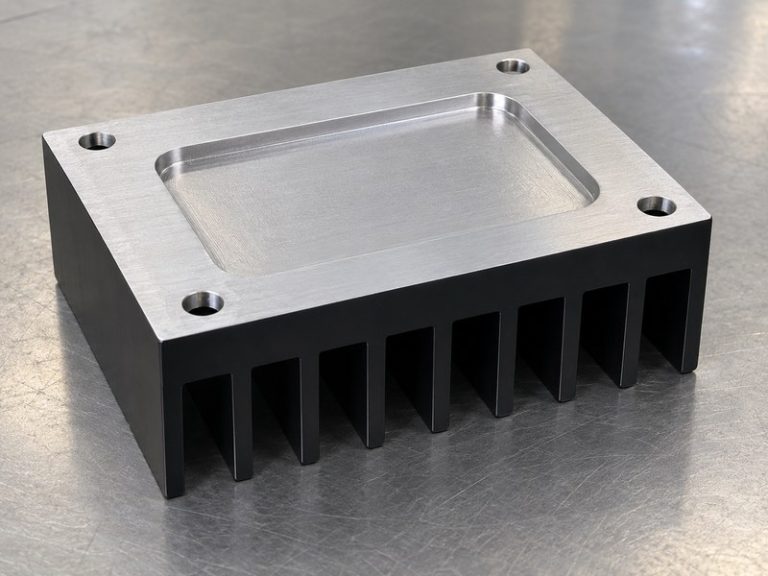 machined anodized aluminum heat sink: inverted machined heat sink with a bare contact pocket and mounting holes