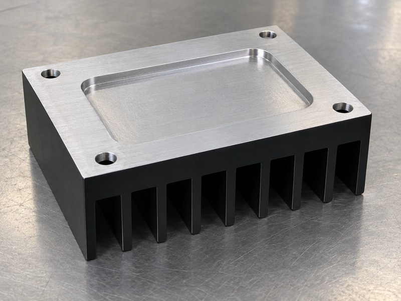 machined anodized aluminum heat sink: inverted machined heat sink with a bare contact pocket and mounting holes