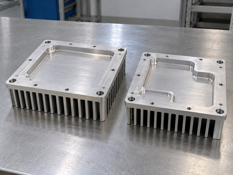 machined anodized aluminum heat sink: two machined heat sink bases with different pocket and flange layouts