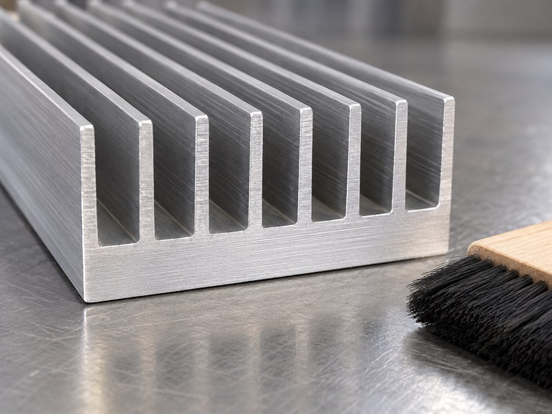 machined anodized aluminum heat sink: cut fin ends and deburred mounting edges beside a soft cleaning brush