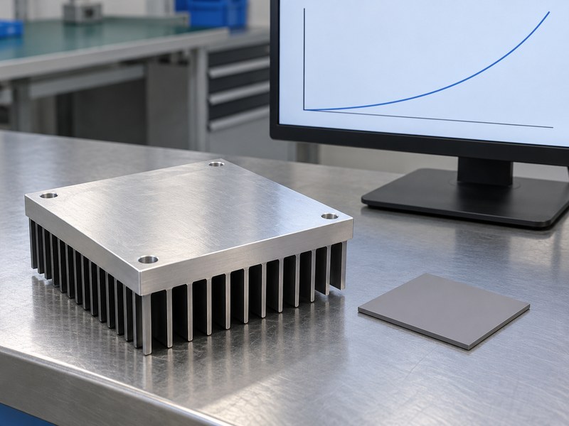machined anodized aluminum heat sink: machined contact face and separate interface pad beside a conceptual gap-resistance curve