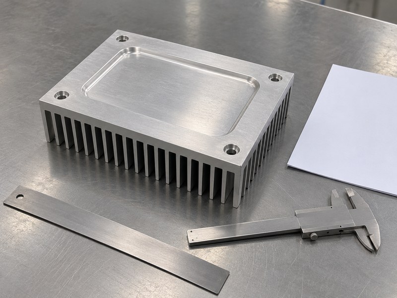 machined anodized aluminum heat sink: finished machined heat sink beside inspection tools and blank check sheets