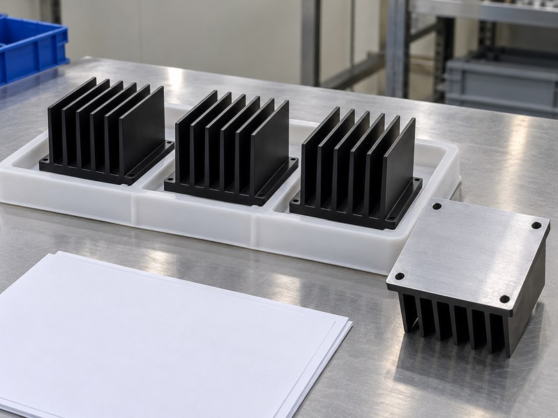 machined anodized aluminum heat sink: illustrative batch of similar heat-sink samples with a separate contact-face example