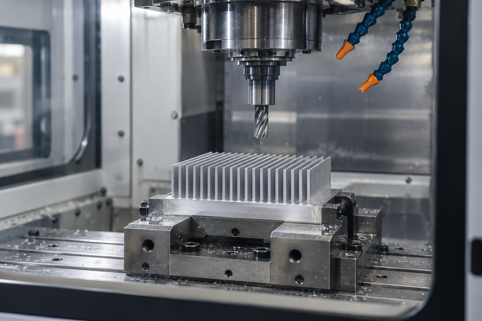 Clean modern CNC machining center workshop with precision aluminum heat sink milling in machine vise