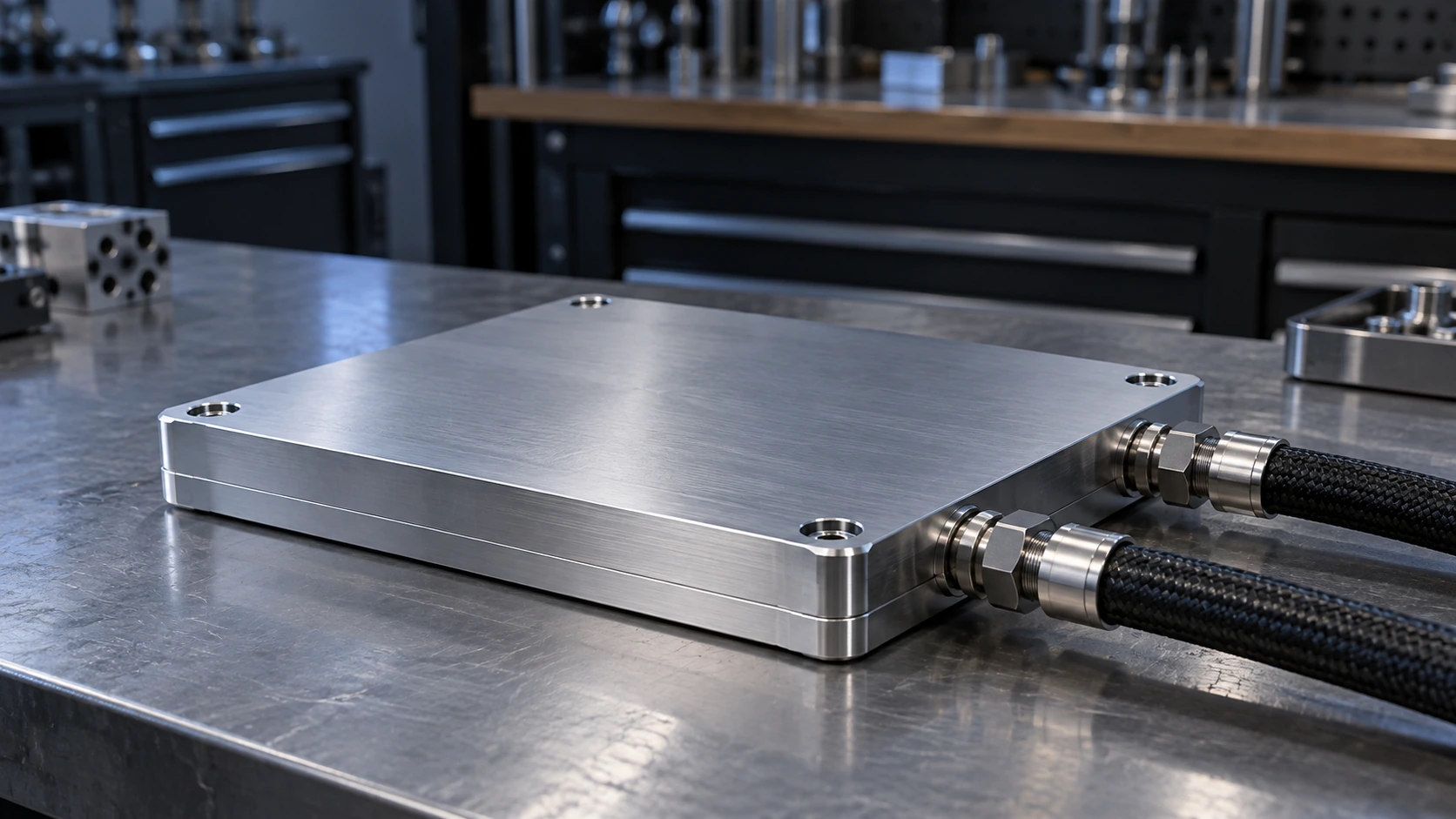 Closed aluminum microchannel cold plate with two sealed coolant hose connections on an engineering bench