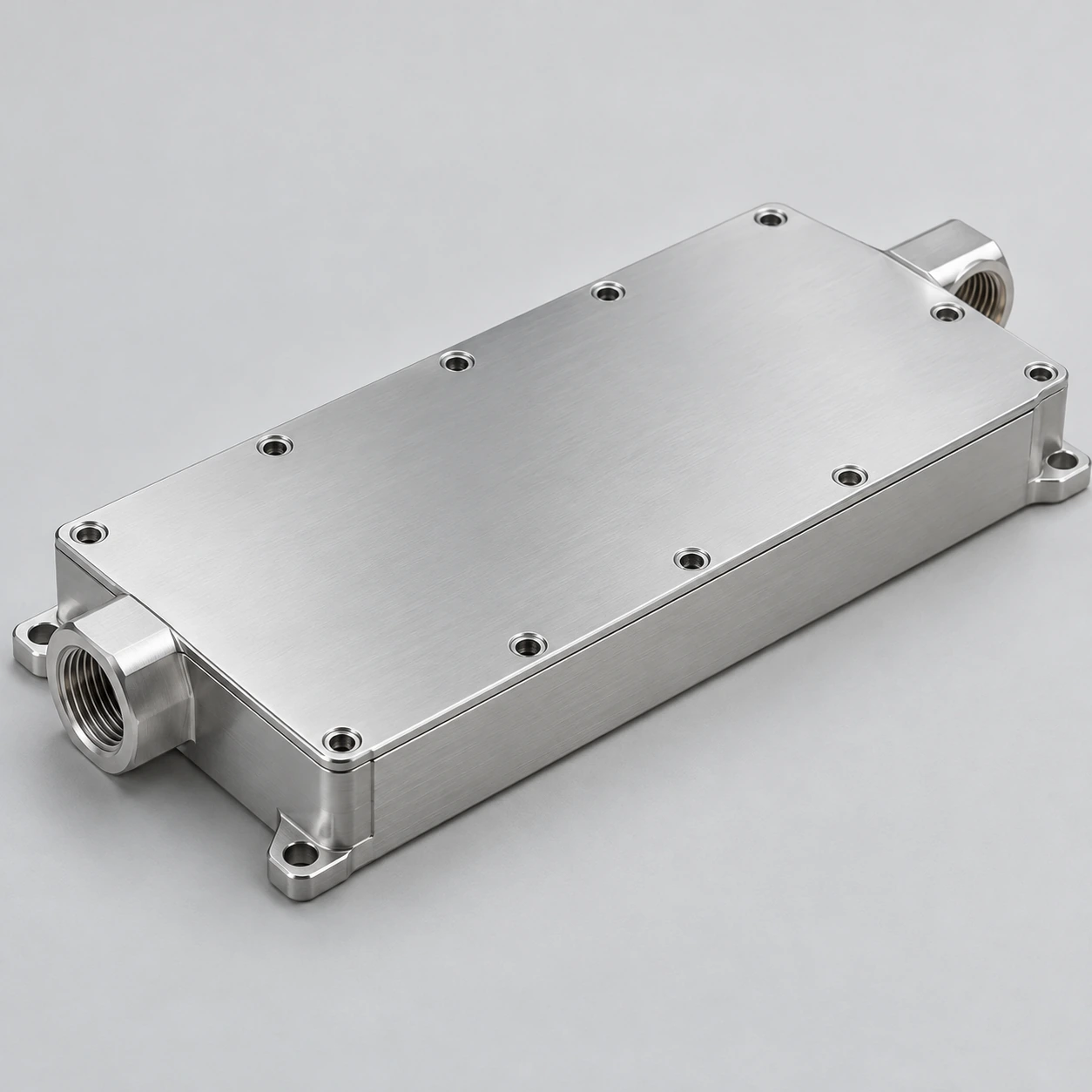 Closed machined aluminum liquid cold plate with opposite-end threaded ports