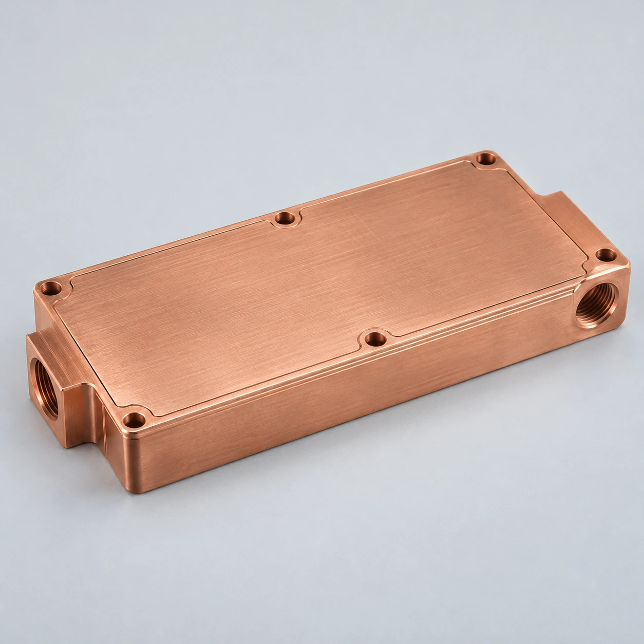 Closed copper liquid cold plate with two threaded fluid ports