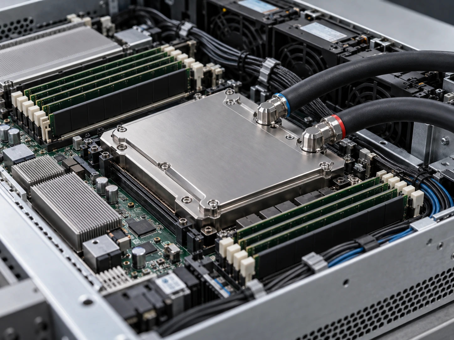 Closed liquid cold plate mounted over the processor in an industrial computing tray