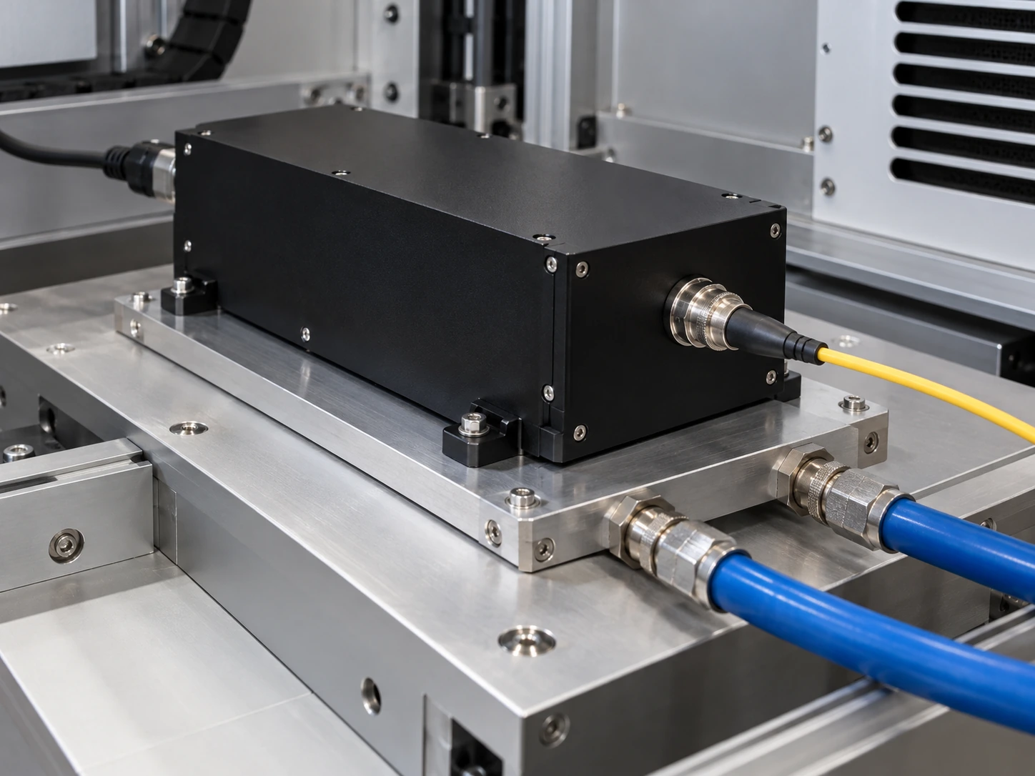 Sealed laser source mounted on a closed liquid cold plate with separate optical fiber and coolant connections
