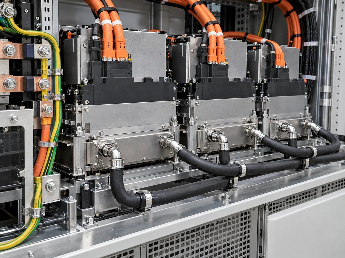 Liquid-cooled power conversion modules with insulated power wiring and paired coolant hoses