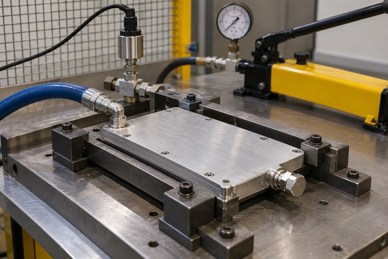 Closed liquid cold plate restrained in a hydrostatic pressure-test fixture with a capped outlet and pressure instrumentation