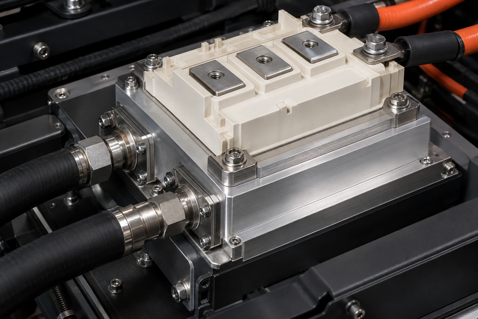 Insulated power module mounted on a closed aluminum cold plate with two coolant connections