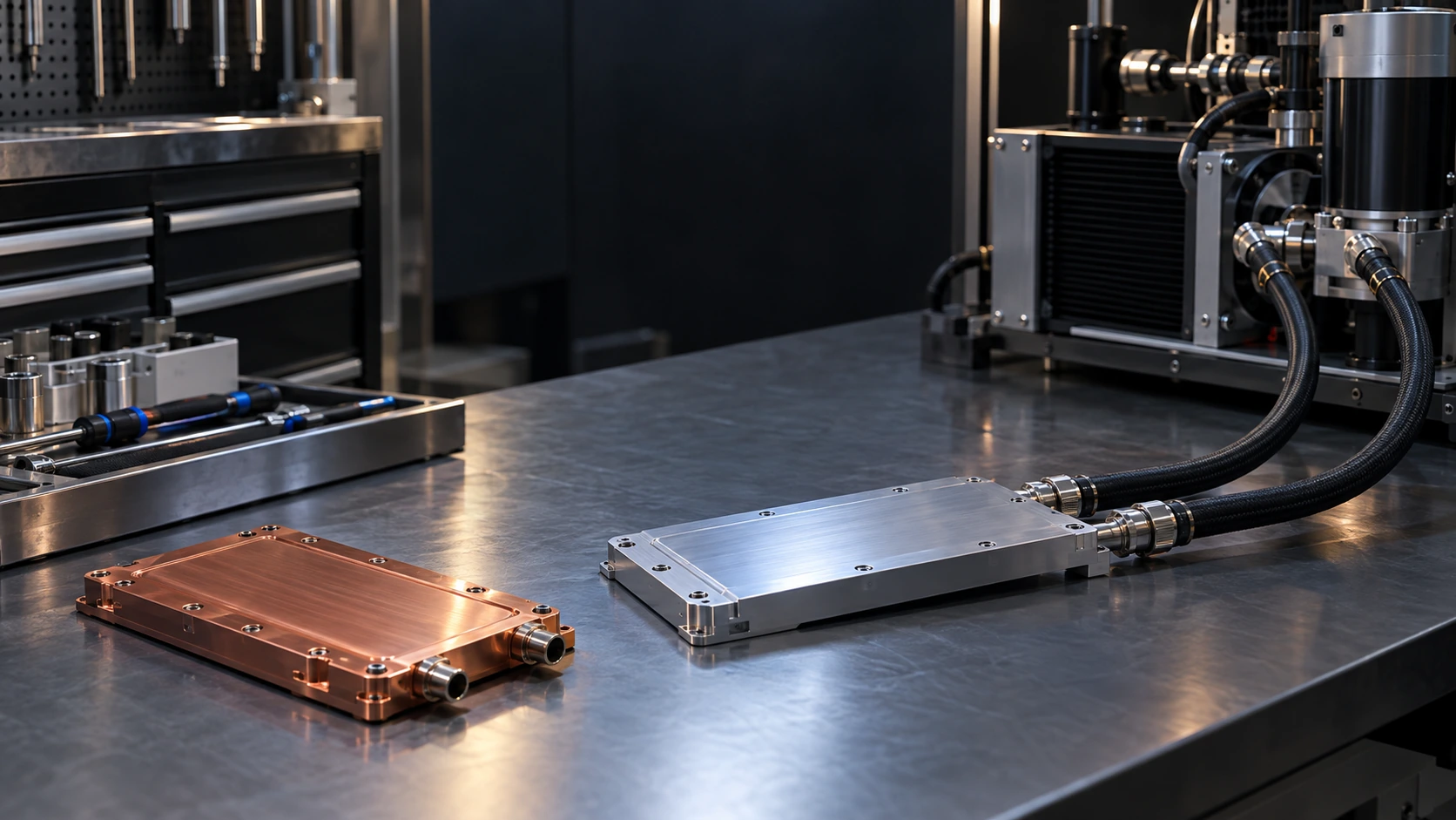 Closed aluminum and copper cold plates on an organized liquid-cooling engineering bench