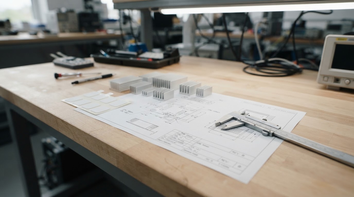 Industrial engineering workbench with heat sinks and precision thermal tape pads