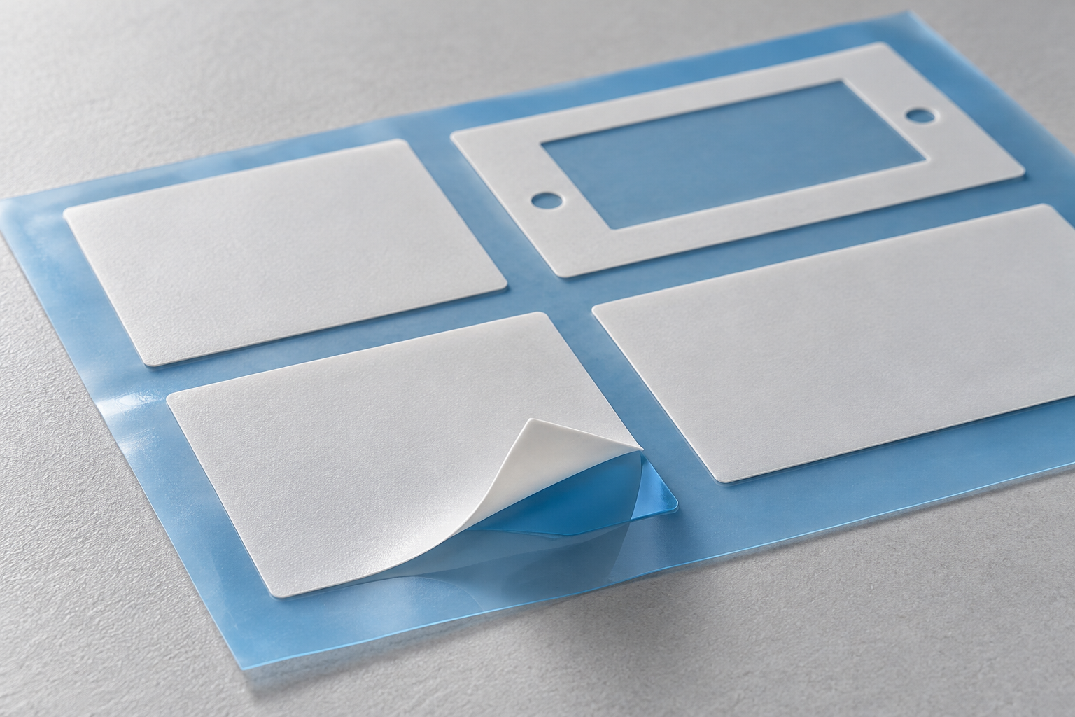 Precision die-cut thin thermal conductive adhesive parts on blue release liner with pull tabs