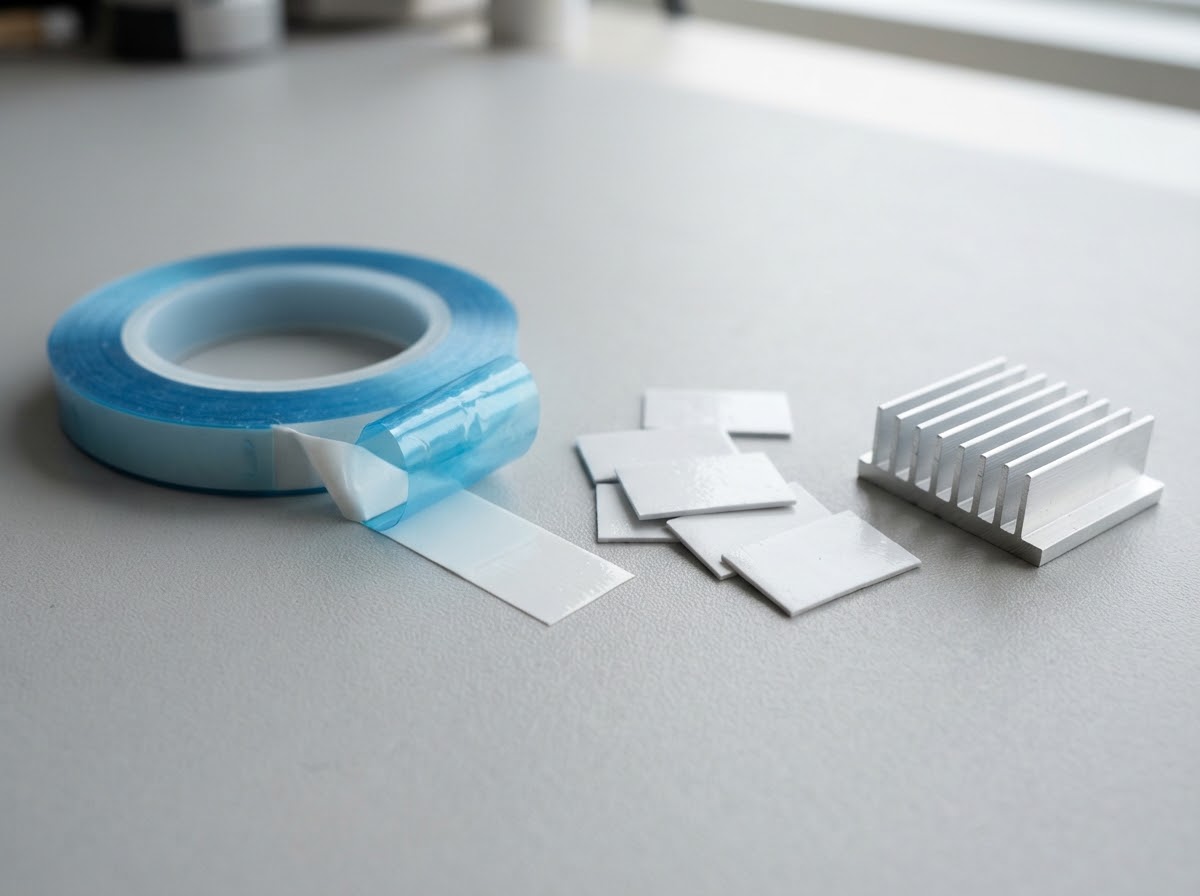 Macro view of industrial thermal tape roll with peeled blue liner and die-cut parts