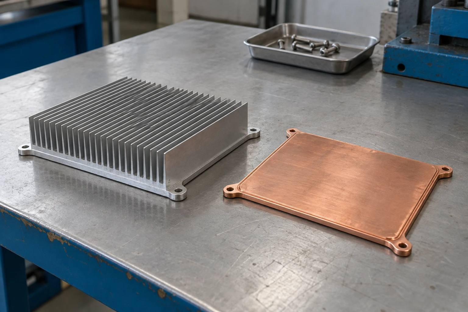 Physical aluminum heat sink and sealed copper vapor chamber on an engineering bench