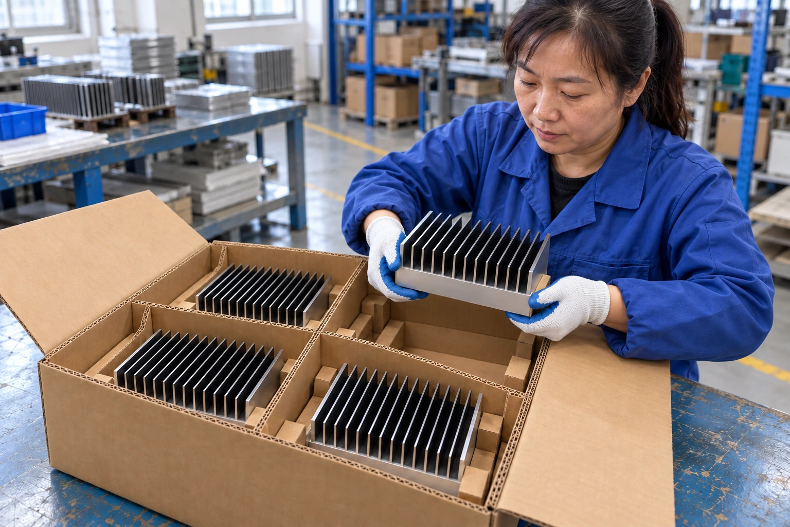 Packing technician supporting an extruded heat sink by its solid base above fitted protective carton compartments
