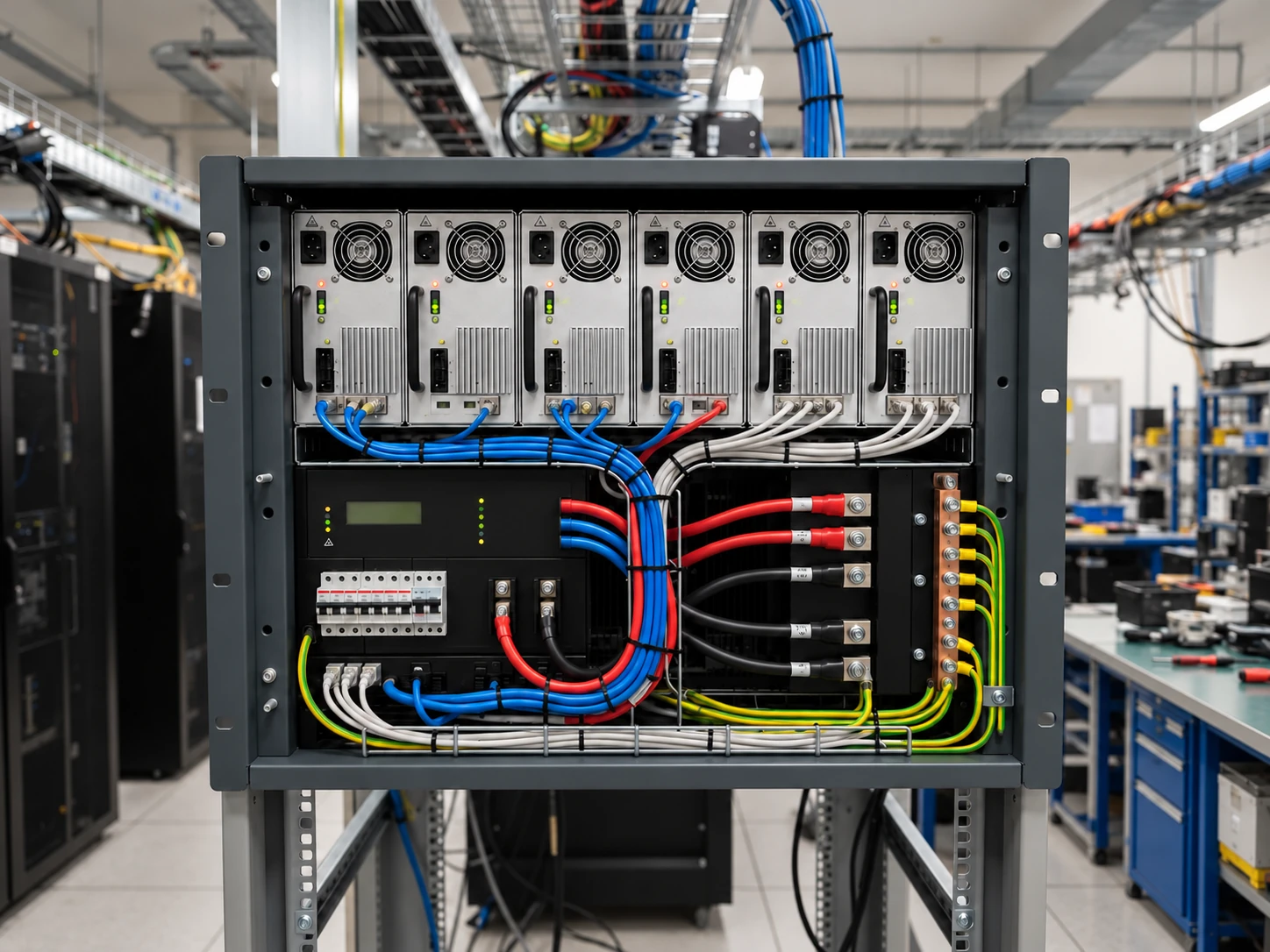 Telecom power rectifier rack with organized electrical wiring