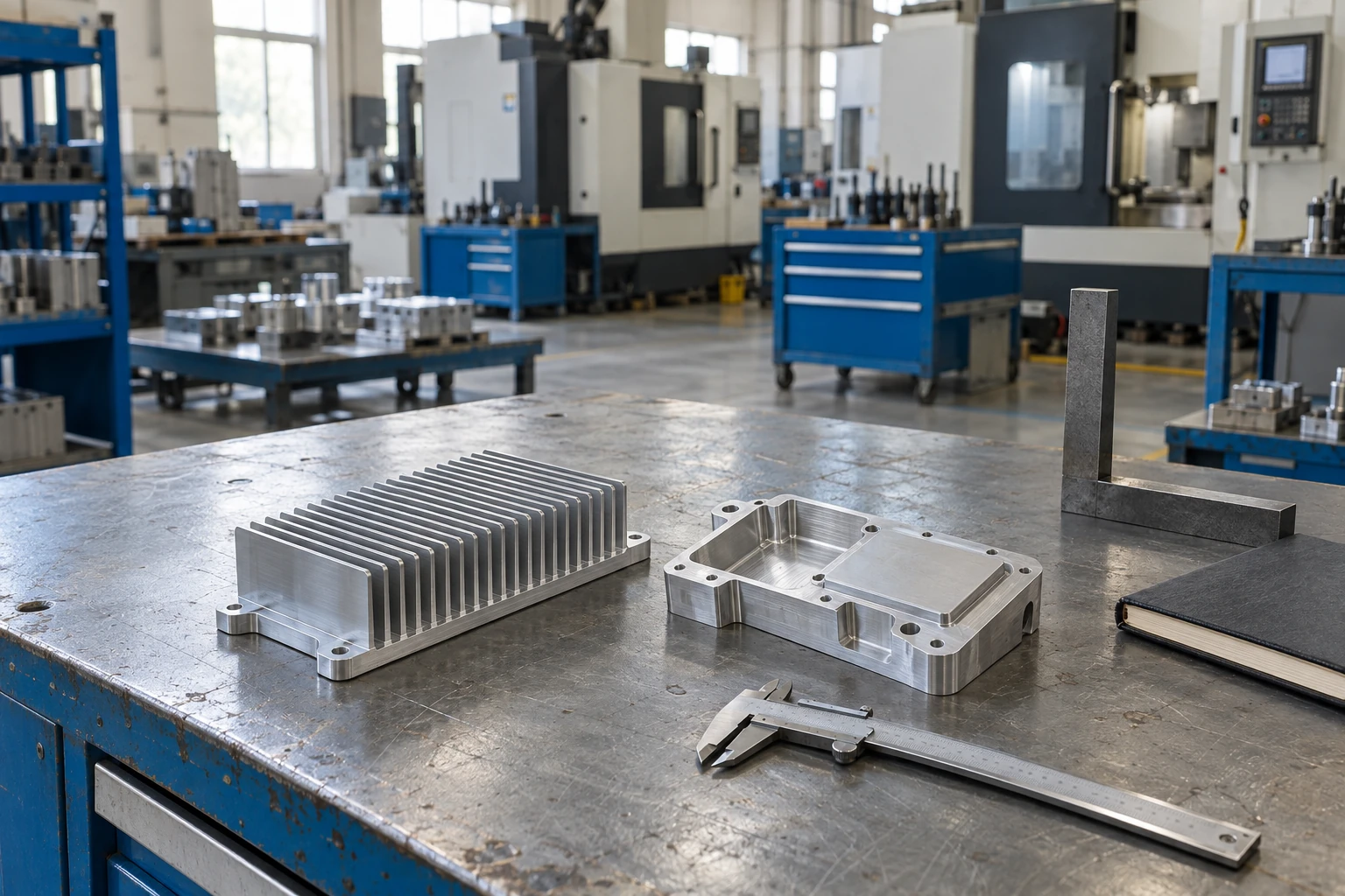 CNC machined thermal components on an established workshop engineering bench
