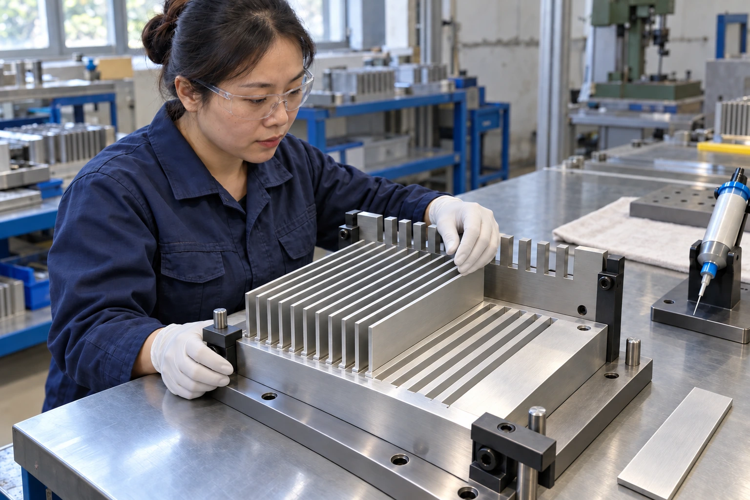 Assembly technician positioning a full-length aluminum fin in a dedicated bonded-fin alignment fixture