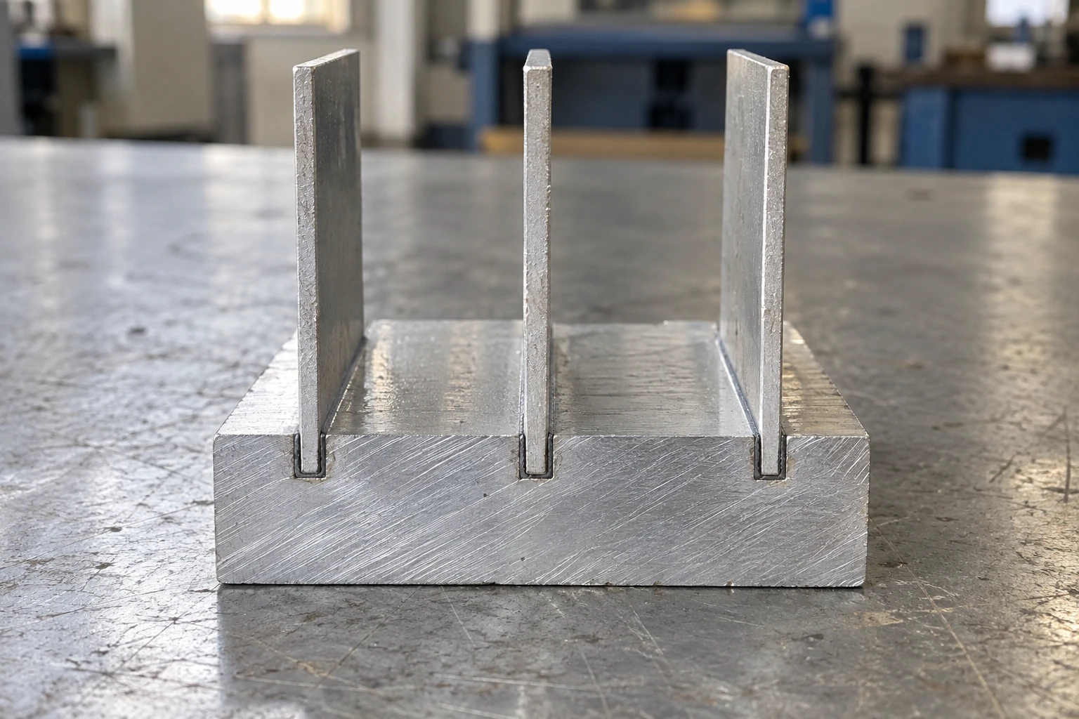 Physical cut section of plate fins bonded into blind grooves in an aluminum base