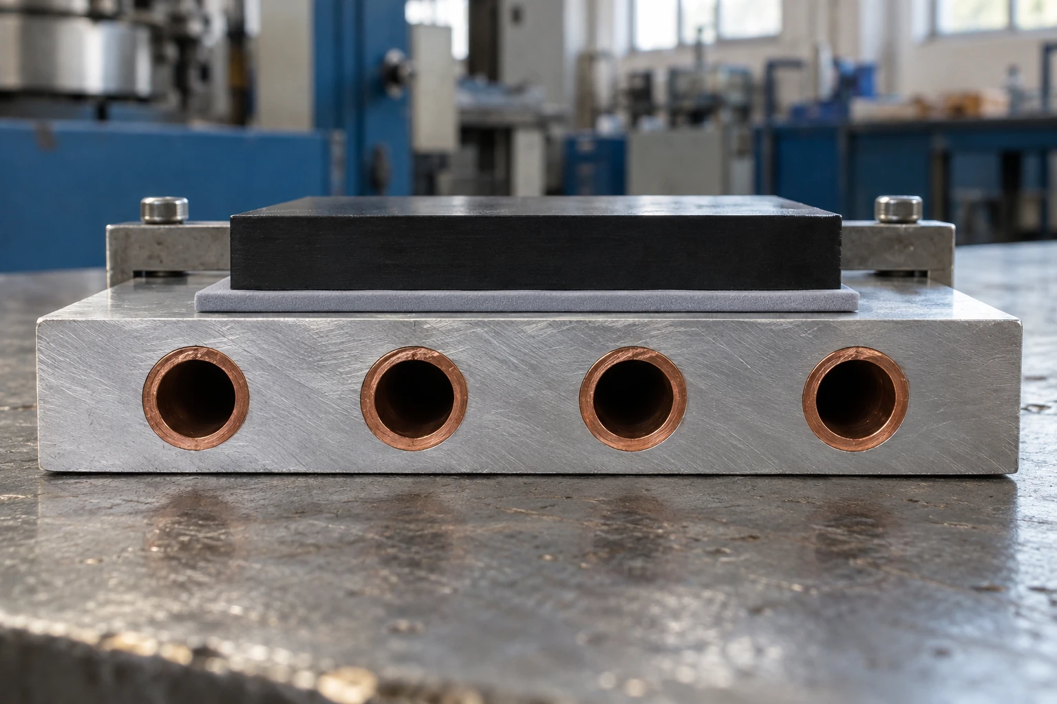 Physical cold plate cross section showing copper tube walls and the device contact stack