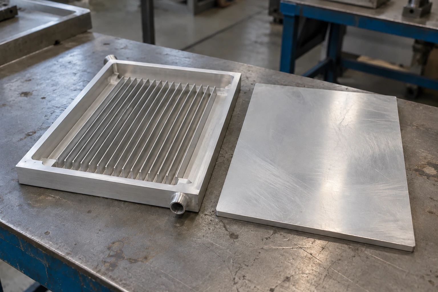Open aluminum cold plate with longitudinal fins, opposite end ports and a separate cover