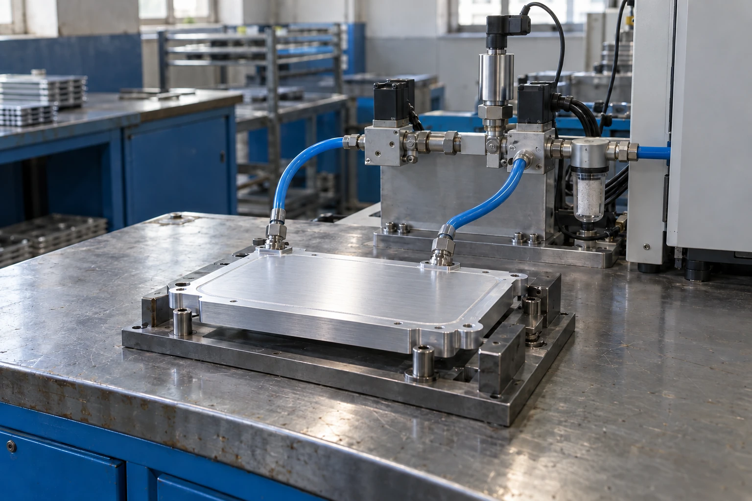 Sealed cold plate connected to a dry gas leak-test valve and pressure sensor manifold