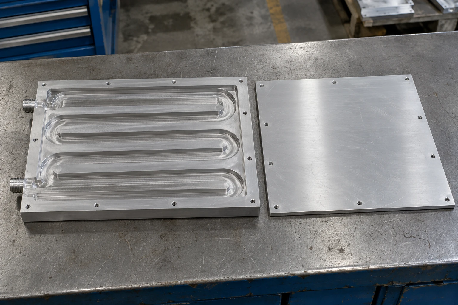 Machined serpentine cold plate flow channel beside a separate cover