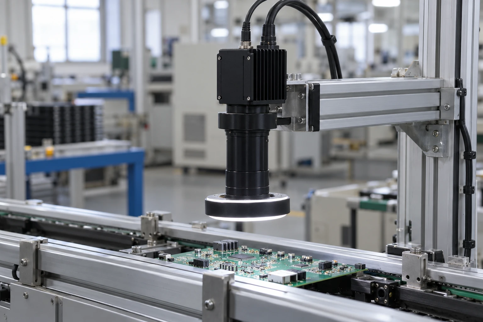 Industrial optical inspection camera and ring light above a supported circuit board