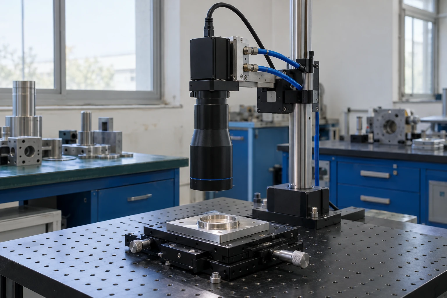 Precision camera on a liquid-cooled mounting bracket above a translation stage