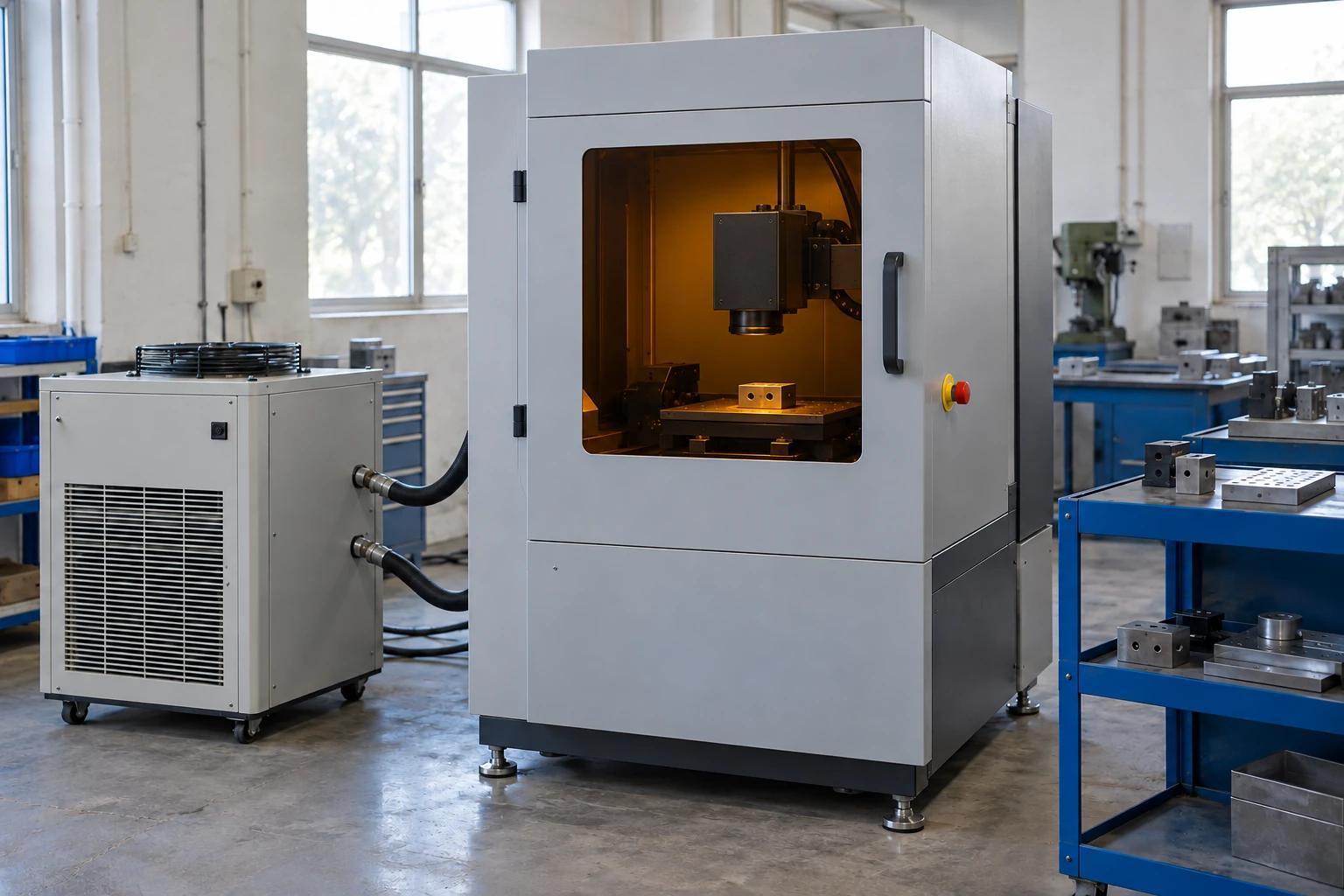 Enclosed laser micromachining station connected to a recirculating cooler