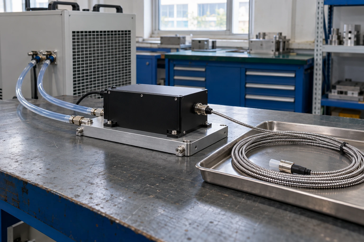 Sealed fiber laser module fixed to a liquid cold plate with separate coolant hoses