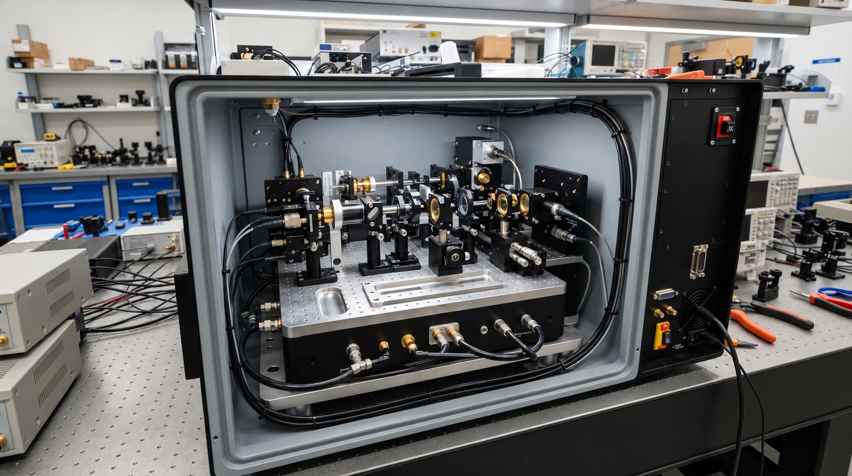 Optical equipment opened for inspection on an engineering bench