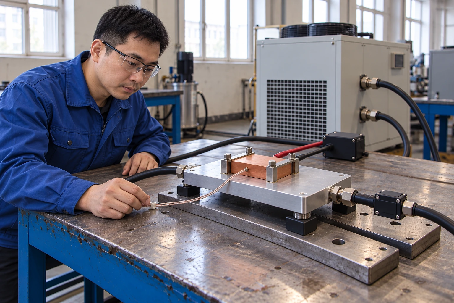 Thermal test engineer preparing a thermocouple lead check beside a supported cold plate test fixture