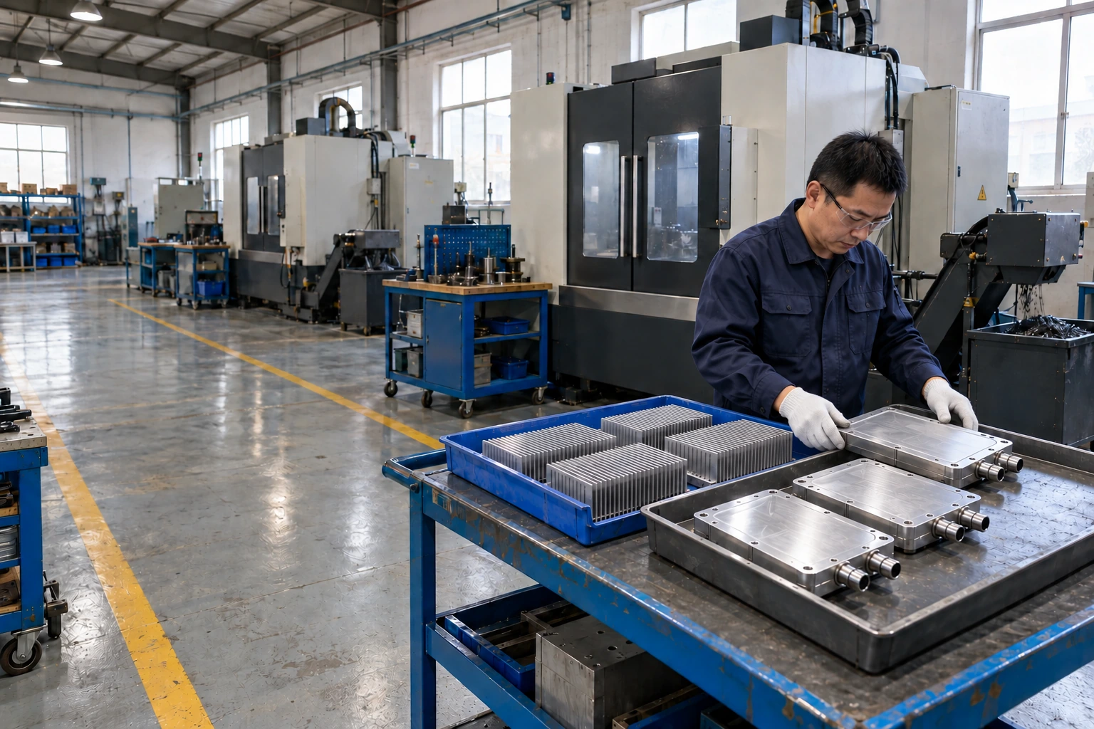 Machinist visually inspecting a supported cold plate in an established machining workshop