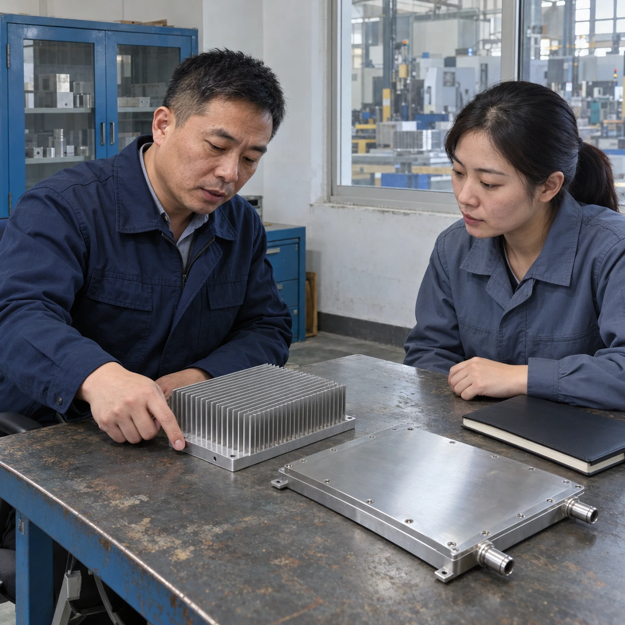 Two engineers discussing heat sink and cold plate mounting details in a factory engineering office