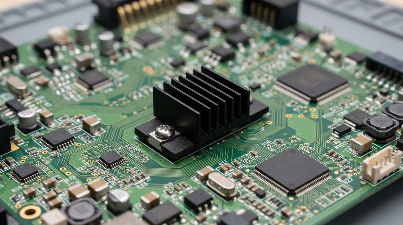 Real PCB with small black finned board-level heat sink