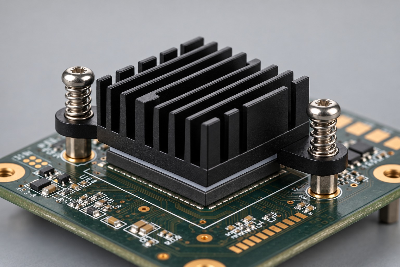 Compact finned heat sink seated on an IC package with external spring screws and PCB mounting anchors