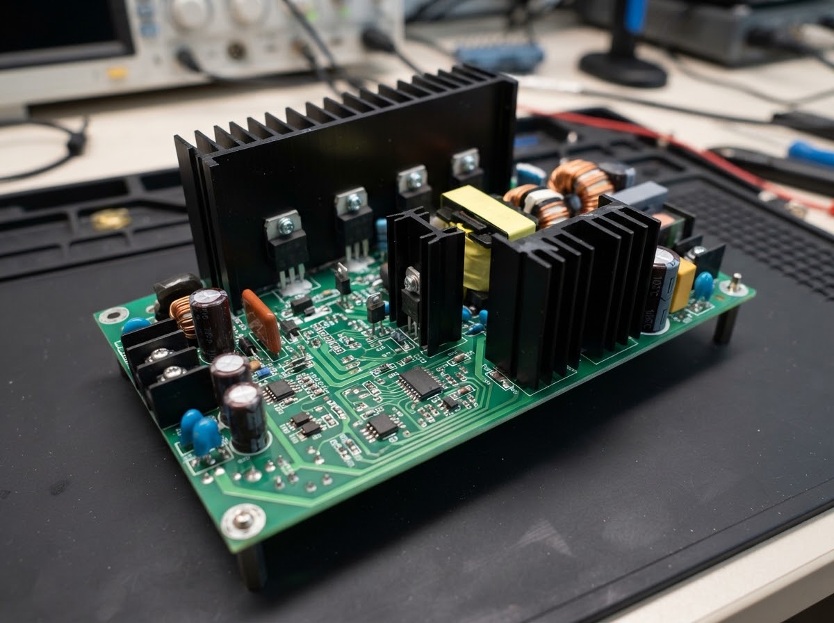 Industrial open-frame AC/DC power supply board with small board-level heat sinks on MOSFETs
