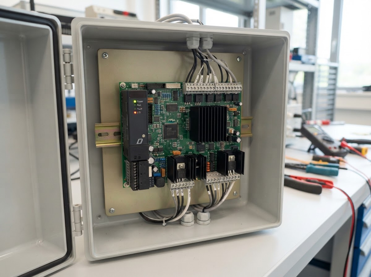 Industrial automation controller circuit board inside an open DIN rail enclosure with board-level heat sinks
